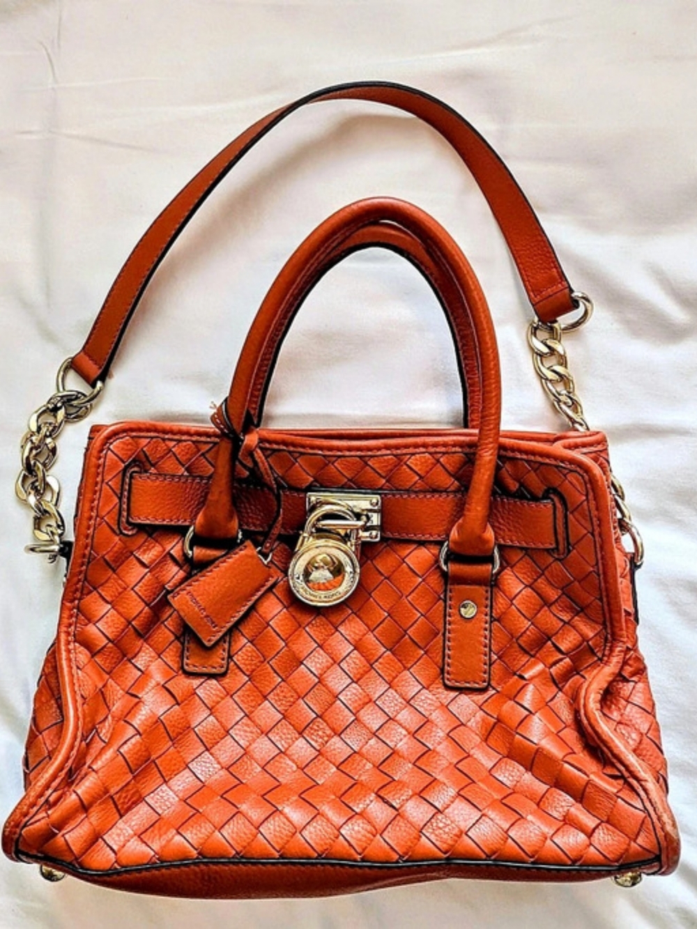 Michael Kors Hamilton Legacy Large Woven Leather Belted Satchel Persimmon Orange